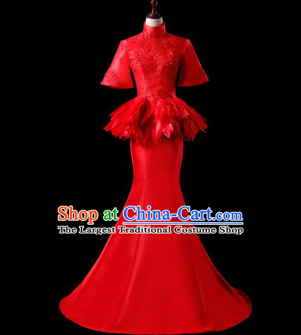 China Compere Red Feather Dress Professional Catwalks Full Dress New Year Formal Costume