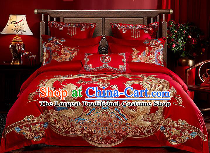 Chinese Long Staple Cotton Bedding Items Wedding Bedclothes Top Embroidery Dragon and Phoenix Red Four Pieces Set