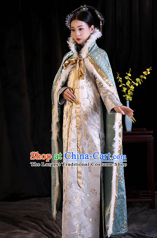 Chinese Winter Blue Cloak Qing Dynasty Court Empress Costume Ancient Imperial Consort Cape Clothing