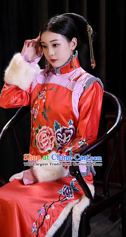 Chinese Ancient Imperial Consort Winter Clothing Court Woman Dress Qing Dynasty Court Empress Red Garment Costumes