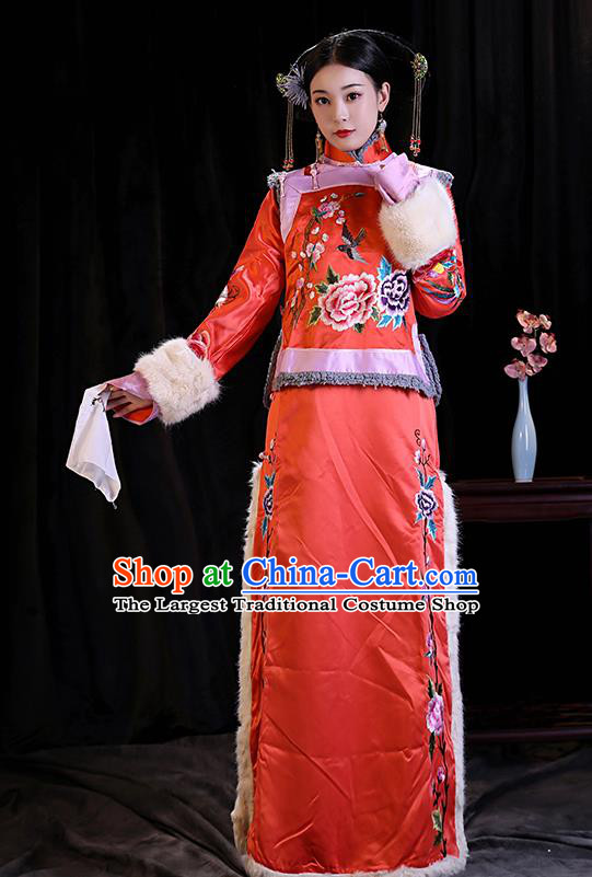 Chinese Ancient Imperial Consort Winter Clothing Court Woman Dress Qing Dynasty Court Empress Red Garment Costumes