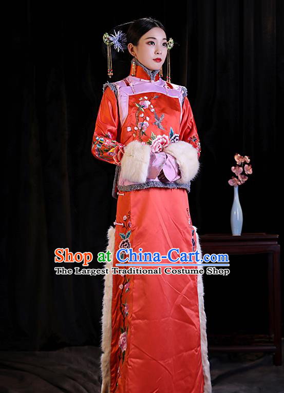 Chinese Ancient Imperial Consort Winter Clothing Court Woman Dress Qing Dynasty Court Empress Red Garment Costumes