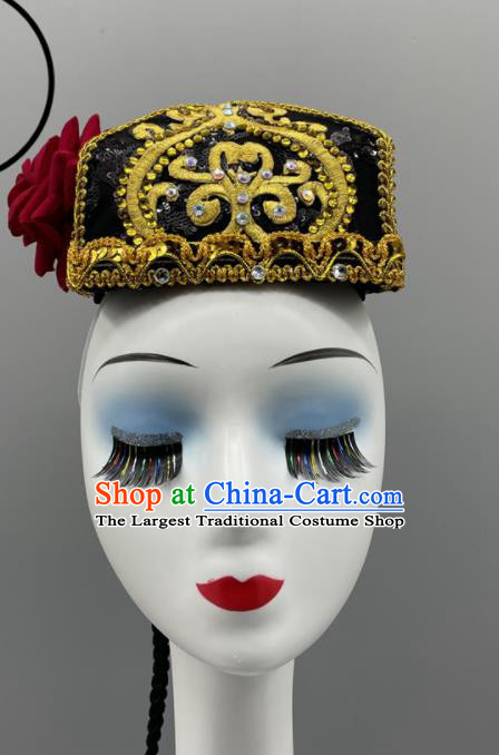 Chinese Xinjiang Dance Hat Uyghur Nationality Dance Black Hat Ethnic Woman Dance Headwear Stage Performance Braids Headpiece