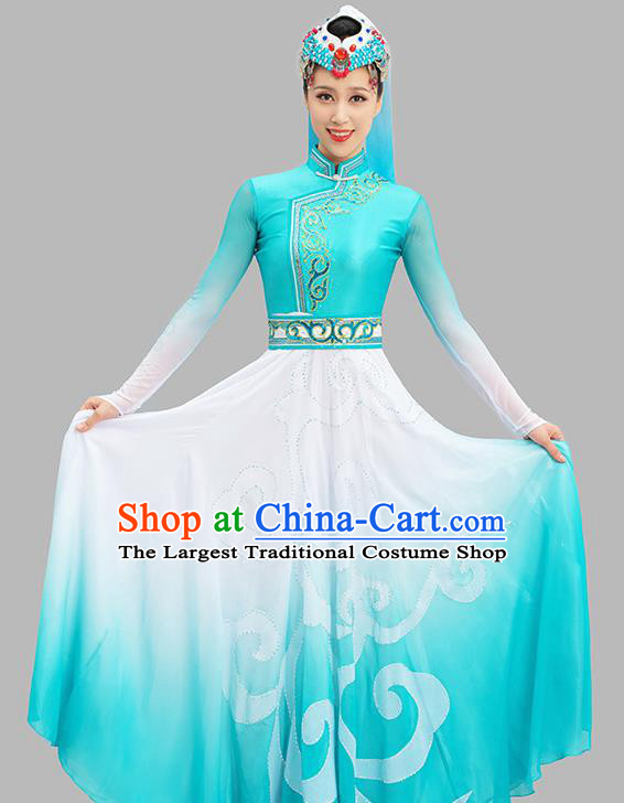 Chinese Classical Dance Blue Dress Mongol Nationality Dance Suit Ethnic Folk Dance Garment Costume and Headpiece