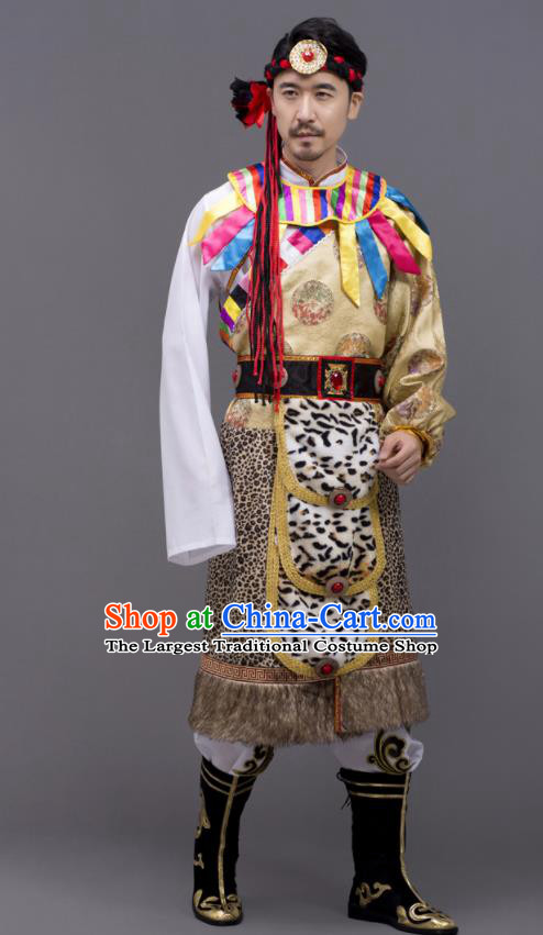Chinese Ethnic Male Festival Clothing Tibetan Minority Folk Dance Costume Zang Nationality Yellow Outfit