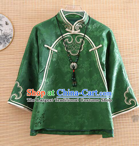 Chinese Deep Green Long Sleeves Shirt Traditional Cheongsam Blouse Embroidered Qipao Upper Outer Garment