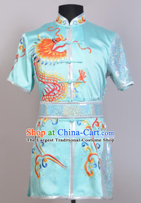 Chinese Embroidered Dragon Light Blue Outfit Martial Arts Changquan Uniforms Kung Fu Costumes Traditional Wushu Competition Clothing