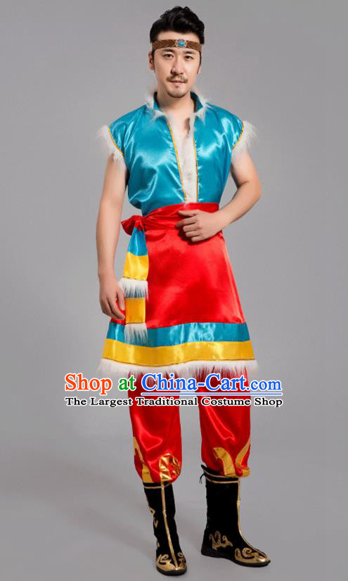 Chinese Ethnic Festival Costumes Tibetan Minority Folk Dance Clothing Zang Nationality Male Outfits