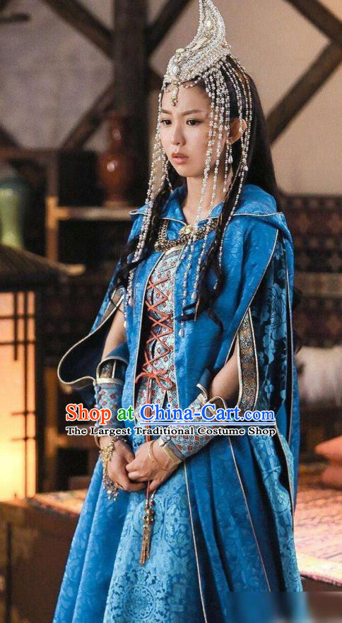Chinese Traditional Ethnic Lady Blue Dress Garments Wuxia TV Series The Wolf Bao Na Costumes Ancient Princess Clothing