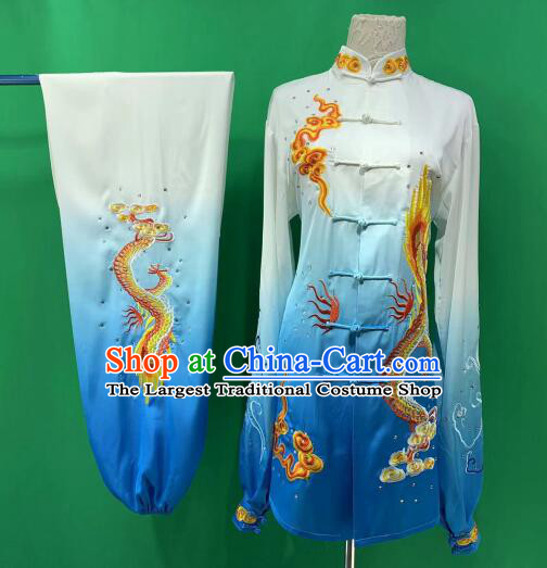 Chinese Traditional Tai Chi Competition Clothing Embroidered Dragon Gradient Blue Outfit Martial Arts Uniforms Kung Fu Costumes