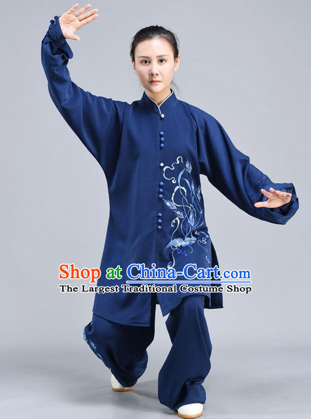Chinese Traditional Kung Fu Embroidered Dark Blue Shirt and Pants Tai Chi Training Clothing Tai Ji Chuan Competition Outfits