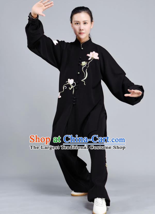 Chinese Tai Chi Training Clothing Tai Ji Chuan Competition Black Outfits Traditional Kung Fu Embroidered Lotus Shirt and Pants