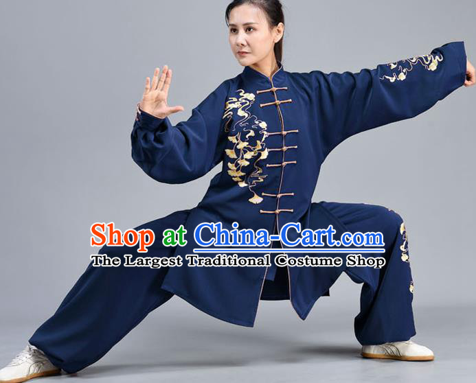 Chinese Traditional Embroidered Ginkgo Leaf Kung Fu Shirt and Pants Tai Chi Performance Clothing Tai Ji Chuan Training Midnight Blue Outfits