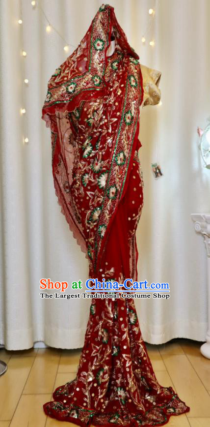 Indian Bride Embroidered Clothing Traditional Garment Costumes India Sari Red Wedding Dress