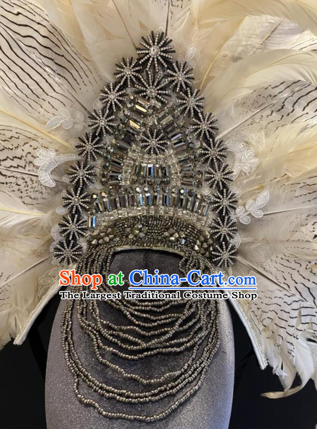 Handmade White Feathers Headdress Top Party Queen Royal Crown Headwear Baroque Style Top Hat