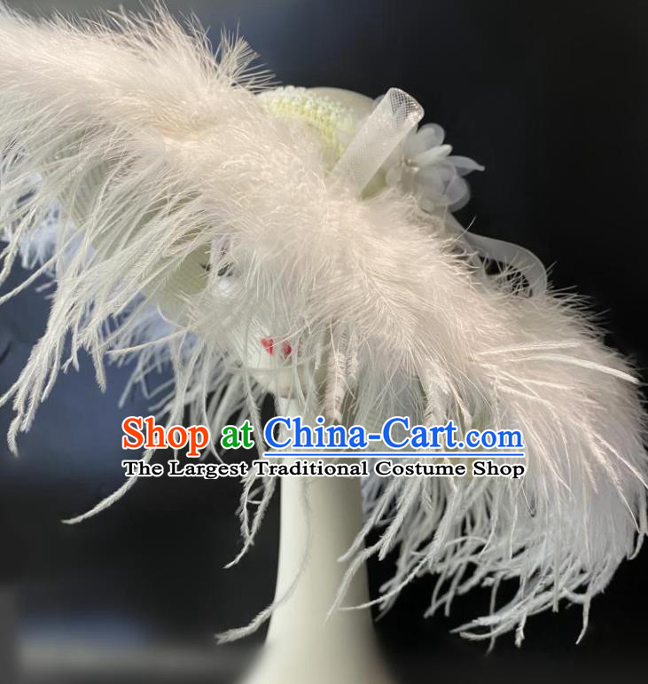 Handmade White Feather Top Hat Court Woman Headwear Catwalks Performance Headdress