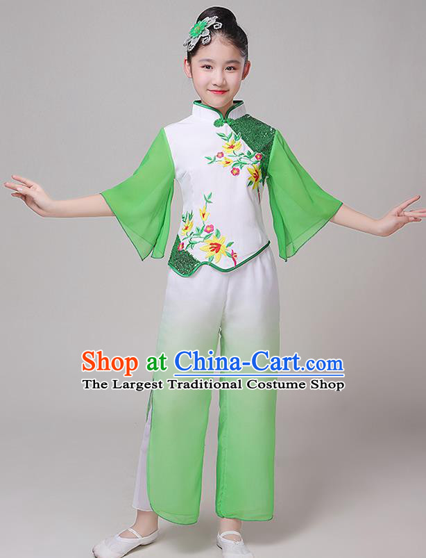 China Children Stage Performance Clothing Yangko Dance Green Uniform Fan Dance Garment Costume Folk Dance Dress