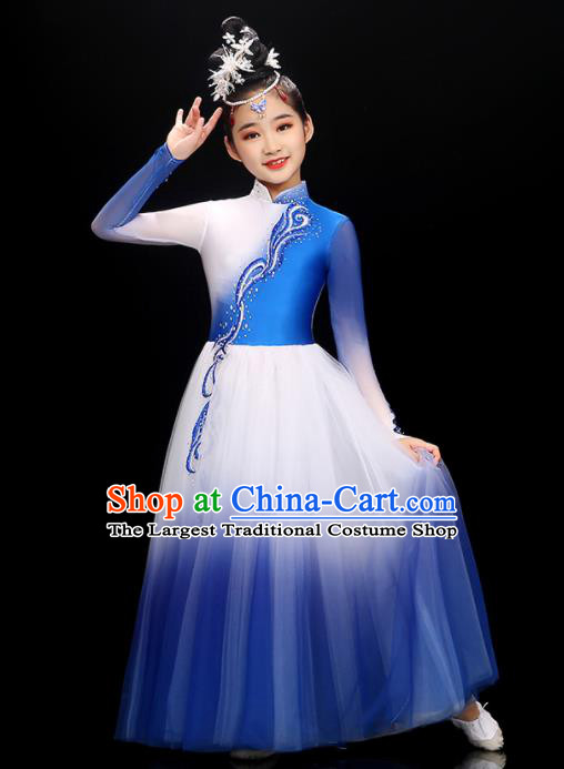 Chinese Traditional Dancewear Children Modern Dance Clothing Opening Dance Garment Costume Classical Dance Royal Blue Dress