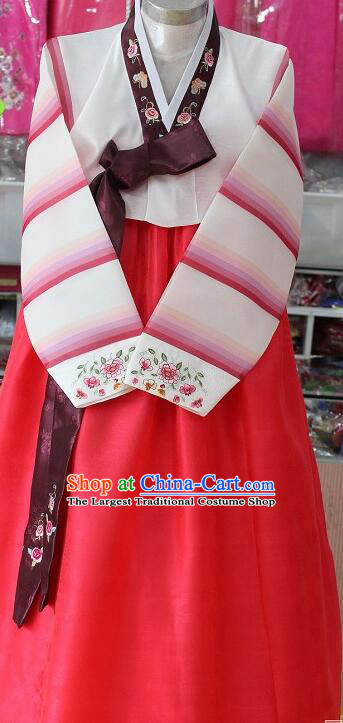 Korea Stripes Hanbok Women White Blouse and Red Dress Festival Garment Costumes Korean Traditional Clothing