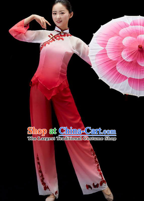 Chinese Women Fan Dance Megenta Outfit Yangko Dance Clothing Umbrella Dance Costumes Folk Dance Garment