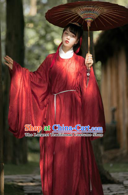 Chinese Traditional Red Hanfu Robe Ancient Swordswoman Historical Costumes Ming Dynasty Young Lady Clothing