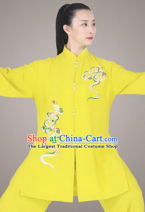 Top Martial Arts Competition Clothing Tai Chi Printing Clouds Yellow Outfit Kung Fu Costumes Chinese Tai Ji Training Uniform