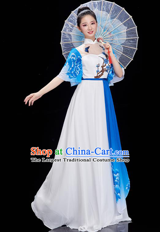 China Modern Dance White Dress Umbrella Dance Costume Chorus Performance Garment Lotus Dance Clothing