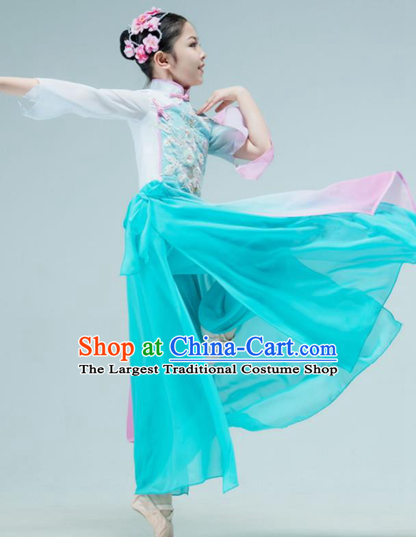 Chinese Children Fan Dance Clothing Stage Performance Costume Umbrella Dance Green Dress Outfit Classical Dance Garment