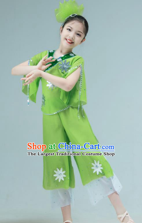 Chinese Folk Dance Clothing Stage Performance Costume Children Yangko Dance Green Outfit Fan Dance Garment