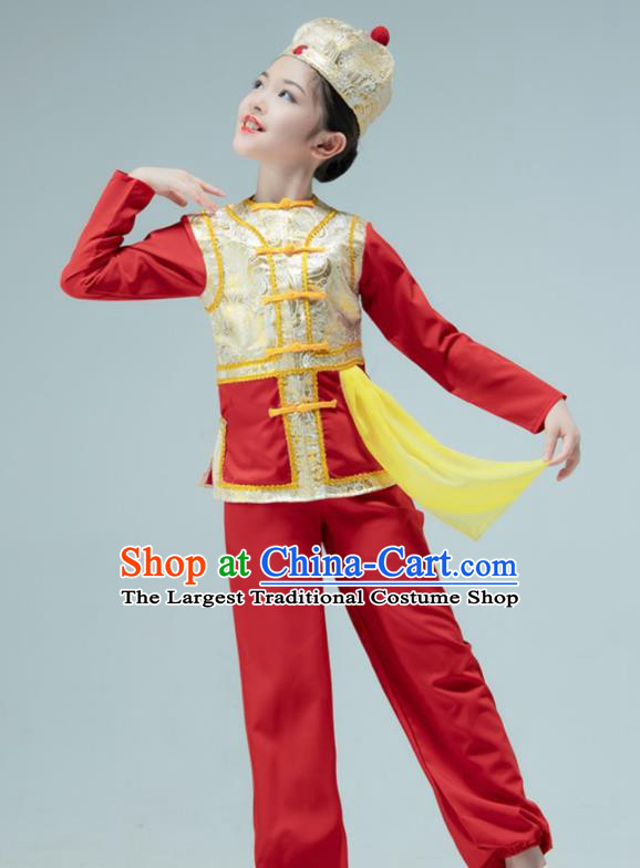 Chinese Folk Dance Red Outfit Children Group Dance Garments Yangko Dance Clothing Stage Performance Costume