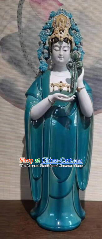 Handmade Shi Wan Guan Yin Ceramic Figurine 30 inches Standing Guanyin Statue Chinese Green Glaze Mother Buddha Porcelain Arts
