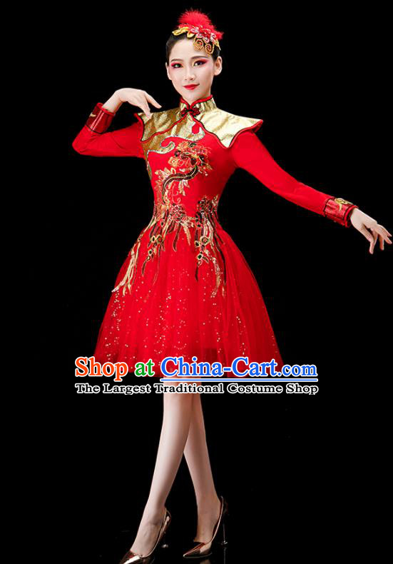 Chinese Drum Dance Red Dress Women Group Dance Costume Modern Dance Clothing