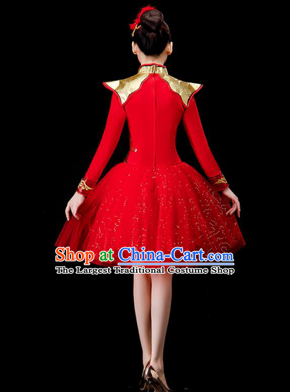 Chinese Drum Dance Red Dress Women Group Dance Costume Modern Dance Clothing