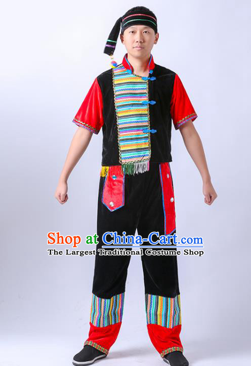 Chinese Yunnan Ethnic Boy Folk Dance Costume Stage Performance Clothing Jingpo Nationality Dance Black Outfit