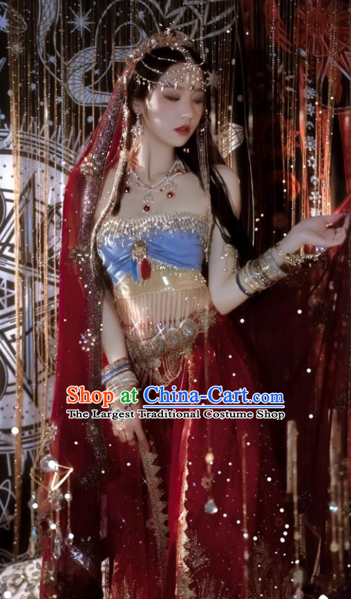 Chinese Classical Dance Garment Costumes Ancient Loulan Lady Clothing Western Regions Princess Red Dress and Headdress