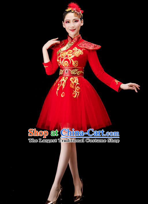 Chinese Stage Performance Red Short Dress Modern Dance Costume Drum Dance Women Group Dance Clothing