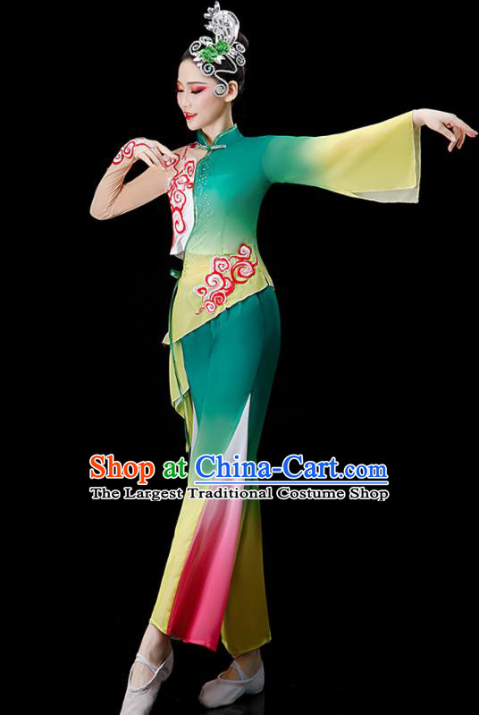 Chinese Jasmine Flower Dance Suit Women Group Dance Clothing Yangko Dance Green Outfit Folk Dance Costume