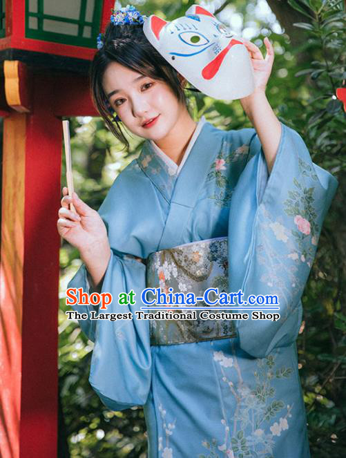 Japanese Traditional Garment Japan Printing Blue Kimono Summer Festival Sakura Yukata Dress
