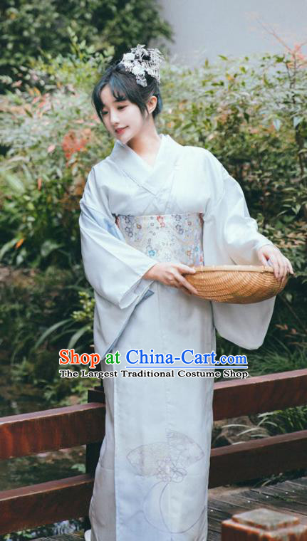 Japanese Young Lady Garment Printing White Kimono Japan Traditional Summer Festival Yukata Dress