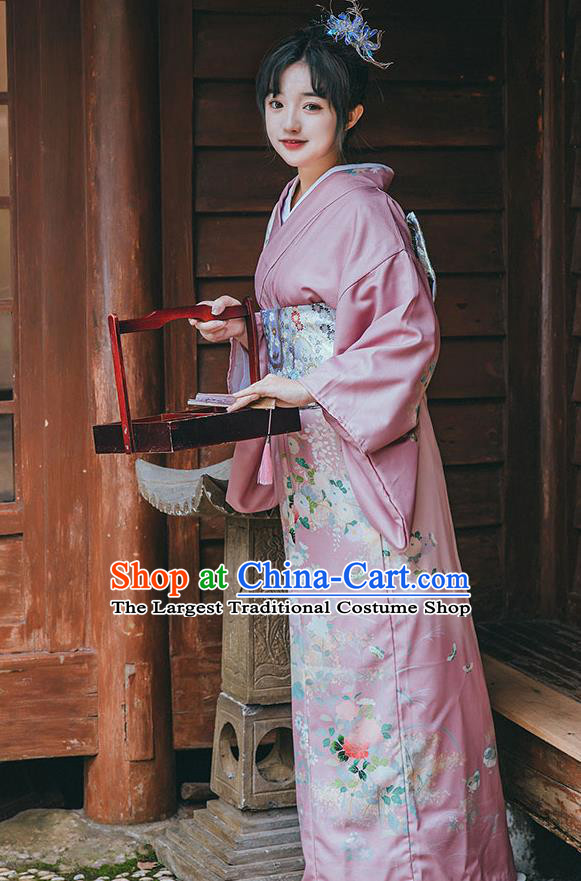 Japanese Summer Festival Young Lady Garment Japan Printing Pink Kimono Traditional Yukata Dress
