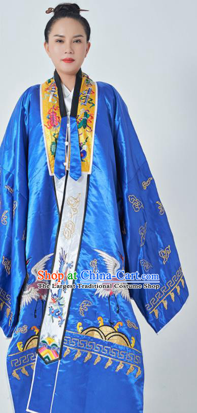 Chinese Traditional Taoism Garment Handmade Blue Taoist Master Robe Embroidered Cranes Silk Robe Priest Frock