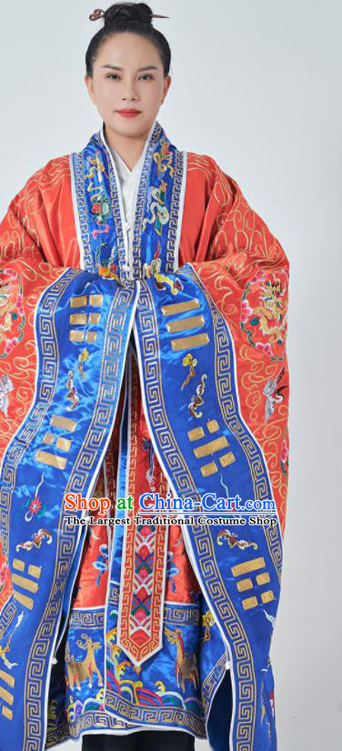 Chinese Traditional Priest Frock Taoism San Qing Garment Handmade Taoist Master Robe Embroidered Dragons Red Silk Robe