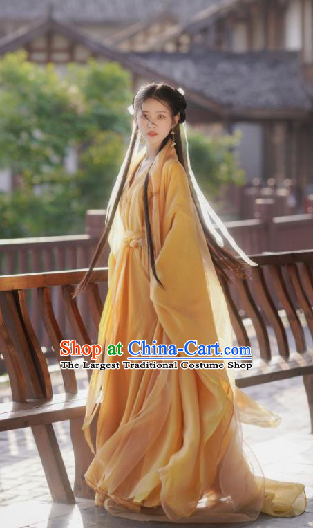 Chinese Traditional Wuxia Costumes Ancient Swordswoman Yellow Dress Clothing