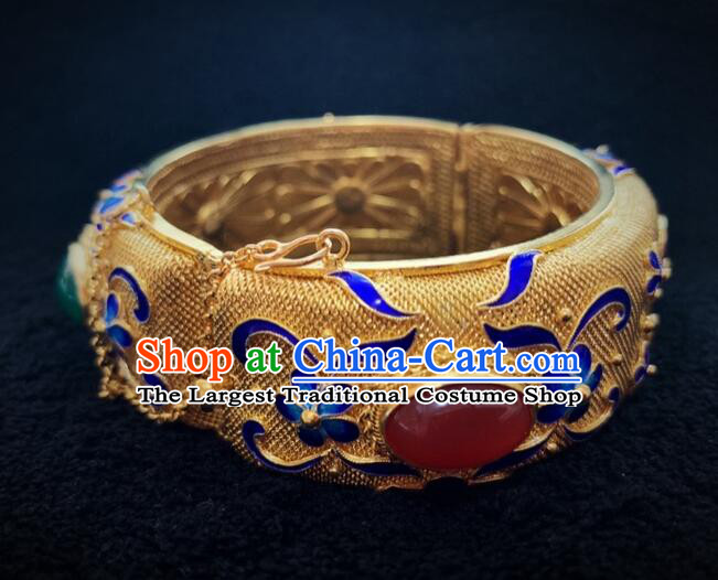 Chinese Traditional Filigree Bracelet Handmade Qing Dynasty Court Golden Bracelet Ancient Empress Ruyi Gems Jewelry