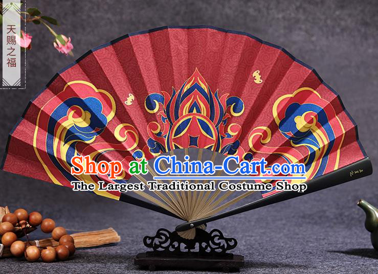 Chinese Painting Red Silk Fan Handmade Bamboo Fan Accordion Traditional Folding Fans