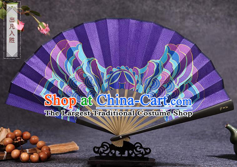 Chinese Handmade Accordion Bamboo Fan Traditional Folding Fans Painting Purple Silk Fan