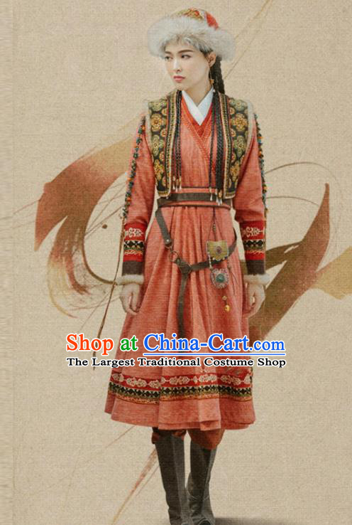 Chinese Ancient Ethnic Women Red Dress Liao Dynasty Female Swordsman Clothing Desert Princess Costume