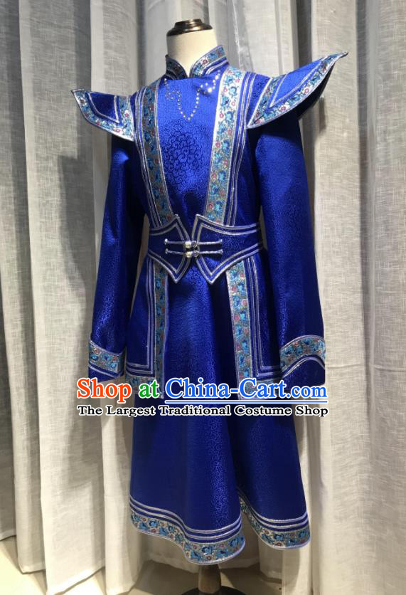 Chinese Ethnic Costumes Mongol Nationality Boy Royal Blue Garment Mongolian Festival Dance Clothing