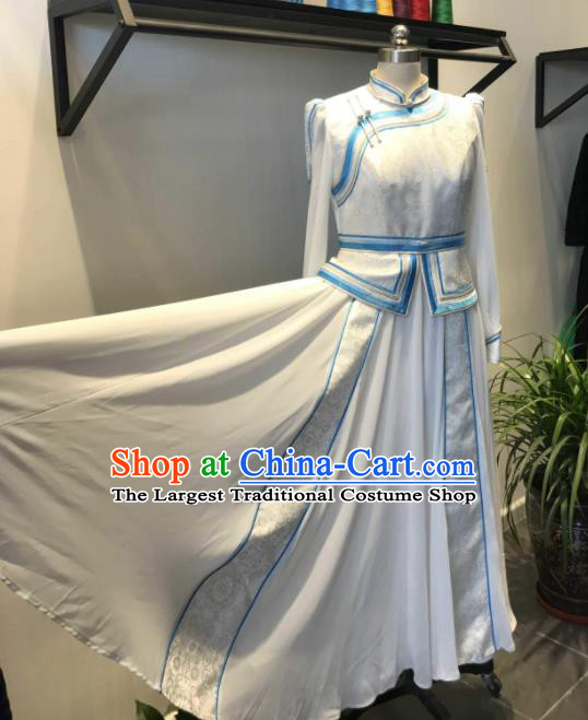 Chinese Mongol Nationality Folk Dance Garment Costume Mongolian Woman White Dress Ethnic Festival Clothing