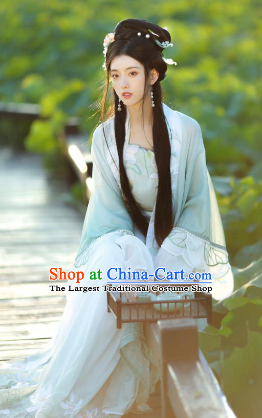 Chinese Traditional Light Green Hanfu Dress Ancient Young Woman Clothing Song Dynasty Princess Garment Costumes